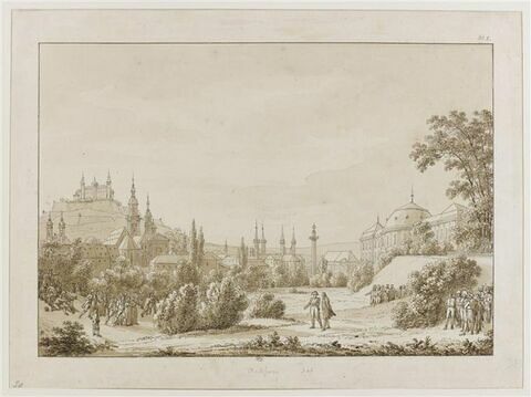 Terrain avec quelques arbres, encadré d'un palais avec terrasse à droite, image 1/1