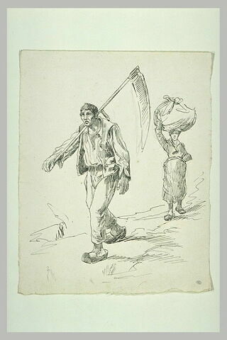 Paysan portant une faux, marchant, et femme portant un ballot, image 1/1