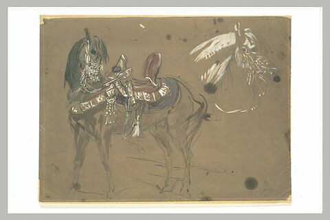 Cheval arabe sellé, tourné vers la gauche, et une autre tête de cheval, image 1/1