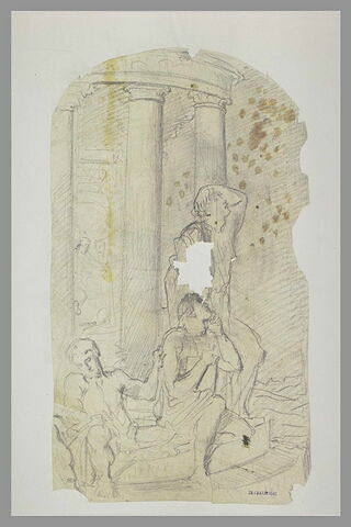 Trois hommes sur les marches d'un temple rond, image 1/1