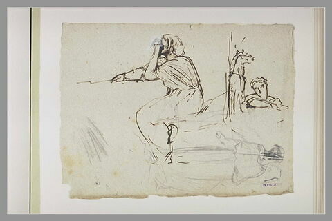 Femme assise ; chien et enfant ; jeune religieux