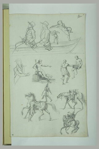 Etudes : hommes dans un barque ; cavalier ; cheval ; homme nu assis ; Diane, image 1/1
