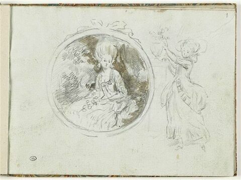 Femme en costume d'époque Louis XVI dans un jardin ; femme debout