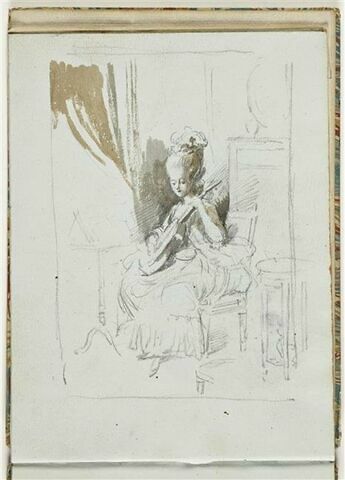 Jeune femme assise, en costume Louis XVI, jouant de la guitare, image 1/2