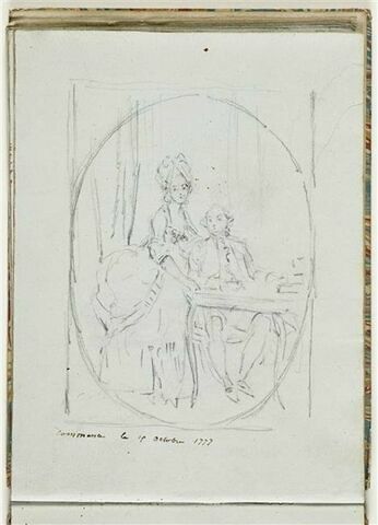 Jeune homme assis derrière une table, une jeune femme debout près de lui avec une inscripton : "commencé le 15 octobre 1777"