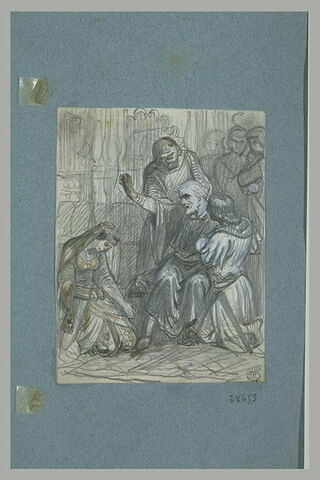 Femme agenouillée devant un vieillard assis entouré d'autres hommes, image 1/1