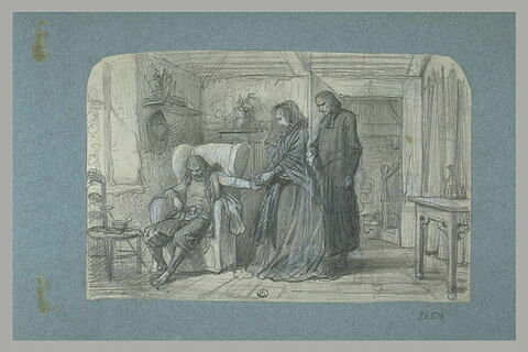 Une dame et un prêtre visitant un paysan breton affligé
