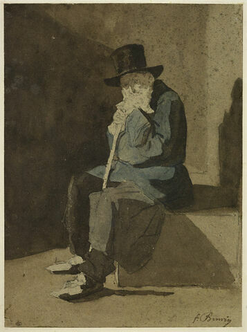 Vieillard à barbe blanche, assis de trois quarts à gauche sur une pierre, image 1/2