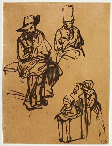 Homme assis, homme en buste coiffé d'un bonnet, et deux enfants, image 1/2