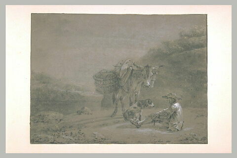 Paysan se reposant près de son âne, sur un chemin de campagne, image 1/1