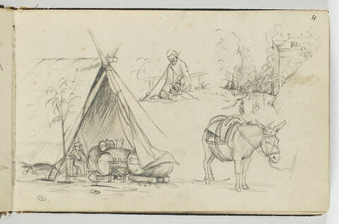 Etudes d'une tente abritant des tonneaux, d'une figure, d'un âne ...