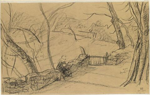 Bretonne assise sur le muret en bordure d'un champ, bordé d'arbres