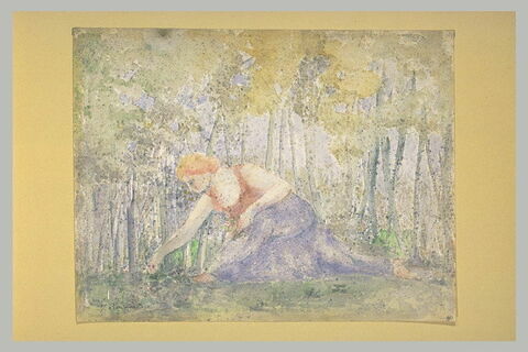 Femme cueillant des fleurs dans un bois, image 1/1