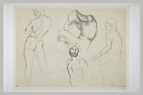 Quatre études d'hommes nus ; à gauche, homme debout de dos, les bras croisés, image 1/1