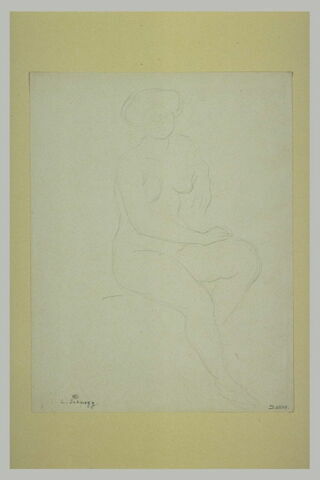 Femme nue, assise, main droite posée sur la cuisse gauche, image 1/1