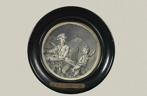 Portrait du mathématicien François Corbaux assis à une table et de son fils