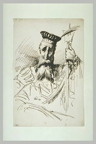 Caricature : juge coiffé d'une calotte, tenant un sceptre à trois pointes, image 1/1