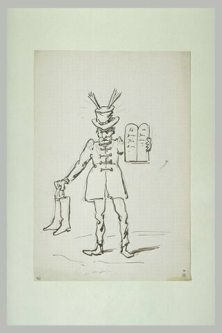 Croquis caricatural : personnage barbu, tenant à la main ses chaussures, image 1/1