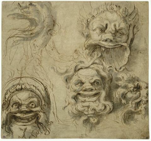 Trois mascarons vus de face, une tête d'aigle et une tête de lion ornementales vues de profil ; un homme nu vu de dos, image 1/2