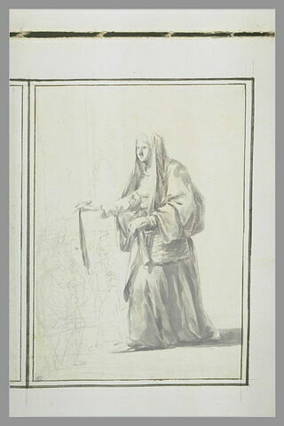 Femme voilée avec une besace en bandoulière devant deux autres scènes, image 1/1