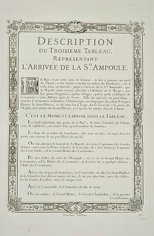 Description du tableau de l'arrivée de la Sainte Ampoule : texte gravé, image 1/1