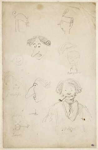 Croquis caricaturaux avec huit têtes et un animal et autoportrait, image 1/2