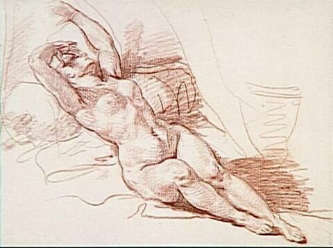 Femme nue allongée, adossée à un coussin, les bras levés
