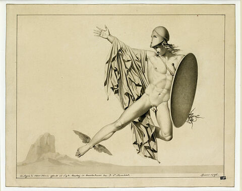 Persée, figure volante casquée, tenant un bouclier