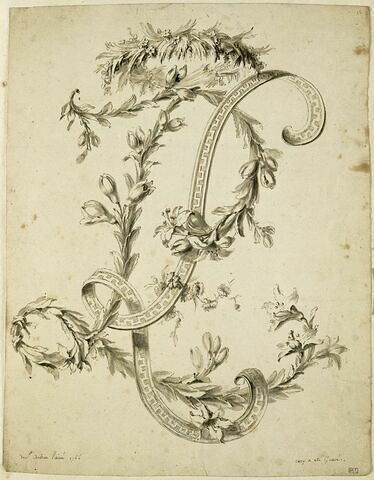 Chiffre L. L., formé d'un ruban à motif de grecque et d'une branche, image 1/1