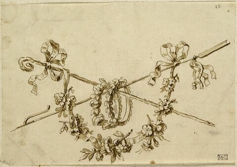 Guirlande, couronnes de fleurs, une houlette et une crosse croisées