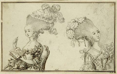 Deux coiffures féminines et trois caricatures masculines