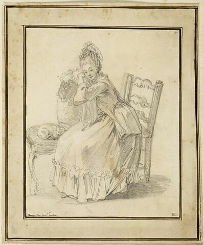 Portrait de jeune femme assise, auprès d'elle un chat sur une chaise, image 1/1