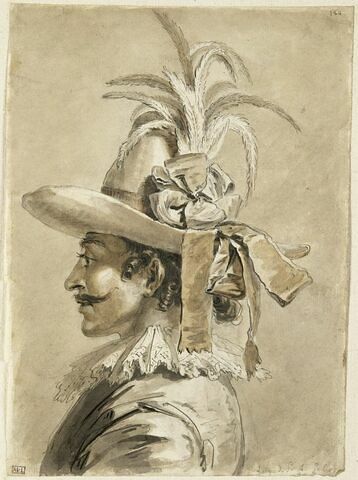Homme en buste, coiffé d'un chapeau à plumes et à rubans, image 1/1
