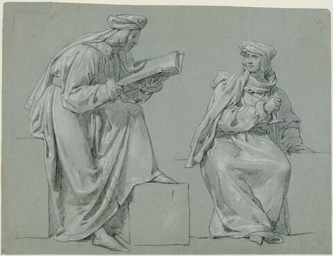 Deux personnages en costume du Moyen âge, l'un lisant, l'autre assis, image 1/1