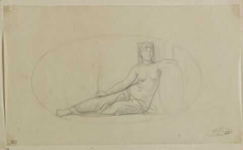 Femme assise tenant une branche de chêne, ovale, allégorie de la Force