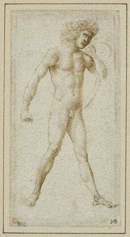 Jeune homme nu, vu de trois quarts vers la droite, le bras gauche replié vers son visage, le bras droit tendu vers l'arrière, la main tenant une bande de tissu, image 1/1