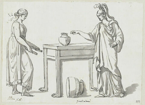Une femme tenant deux rouleaux, et Minerve debout devant une table, image 1/2