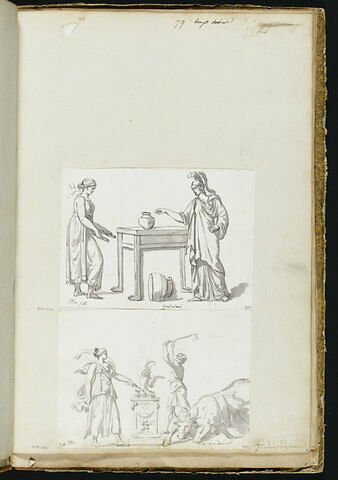 Une femme tenant deux rouleaux, et Minerve debout devant une table, image 2/2