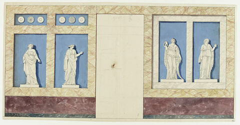 Projet de décor de boiserie avec figures des quatre Saisons sur fond bleu, soubassement en marbre., image 1/1