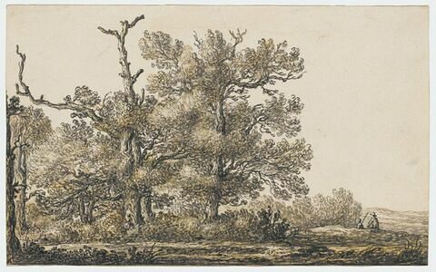 Lisière de forêt avec deux figures et des moutons à droite, des dunes à l'arrière plan, image 1/1