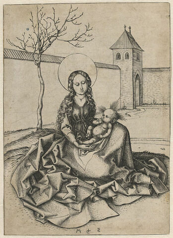 Vierge à l'Enfant assise dans une cour