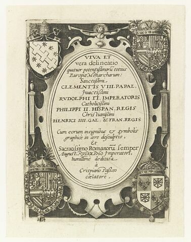 Titre d'un livre latin dans un ovale avec quatre armoiries aux angles