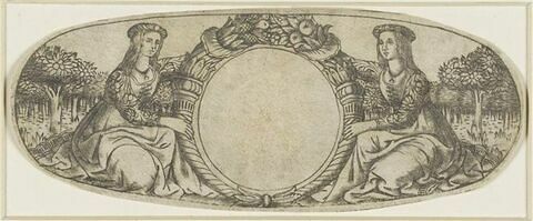 Pièce ovale représentant deux femmes assises dans un paysage
