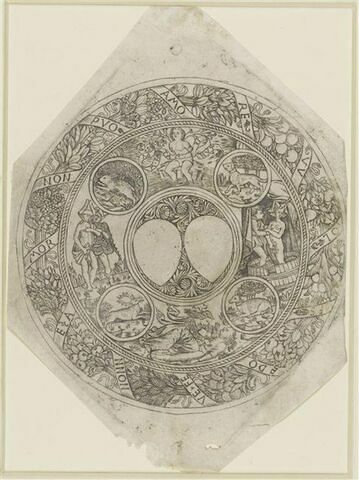 Médaillon avec quatre scènes d'amour et quatre animaux, entourés d'une bordure de fruits