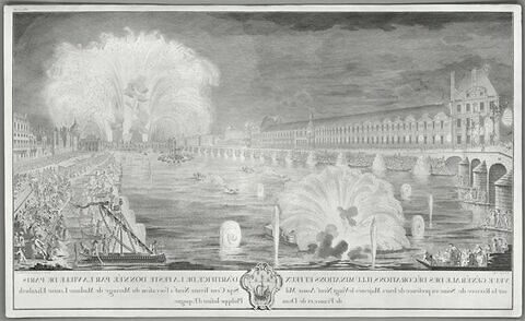 Vues générales des décorations, illuminations et feux d'artifice de la Fête donnée par la ville de Paris sur la rivière de Seine en présence de leurs majestés le 29 août 1739, etc