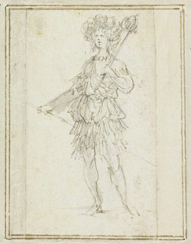 Projet de cartes à jouer : Femme de face, coiffée de plumes, tenant une lance