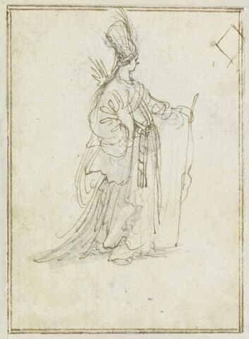 Projet de cartes à jouer : Femme de profil, en manteau long, avec un turban à aigrette, image 1/1