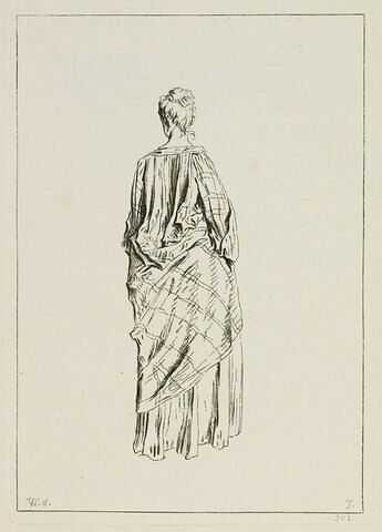 Femme vue de dos, les hanches serrées dans une écharpe rayée jetée par dessus sa robe