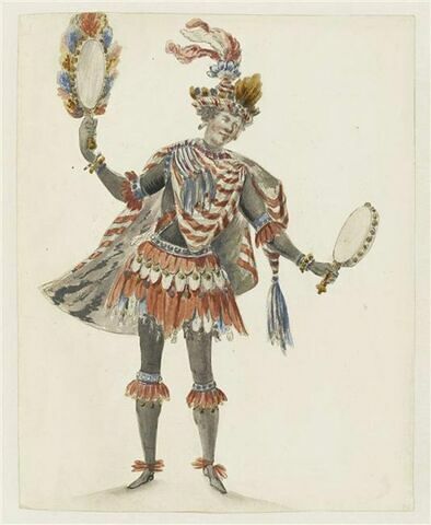 Costume d'Américain ou d'Africain brandissant des tambours de Biscaye, lors de la scène finale du « Ballet de Flore » (?)
