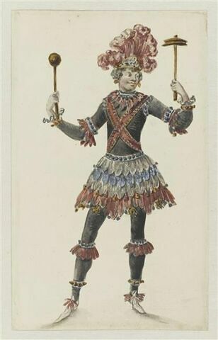 Costume d'Africain ou d'Américain brandissant des maillets lors de la scène finale du « Ballet de Flore » (?), image 1/1